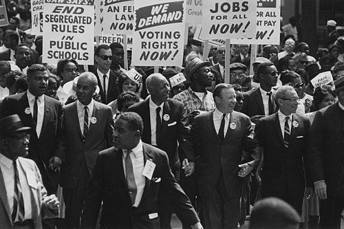 Civil Rights leaders marching from the Washington Monument to the Lincoln Memorial during the 1963 March on Washington.