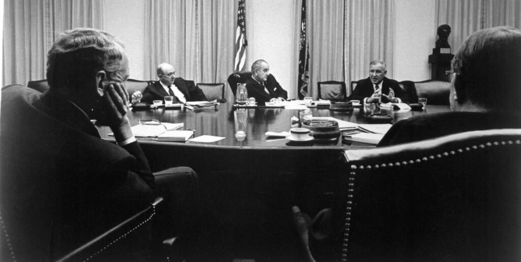 President Lyndon B. Johnson at a National Security meeting discussing the Vietnam War in the Cabinet Room of the White House.