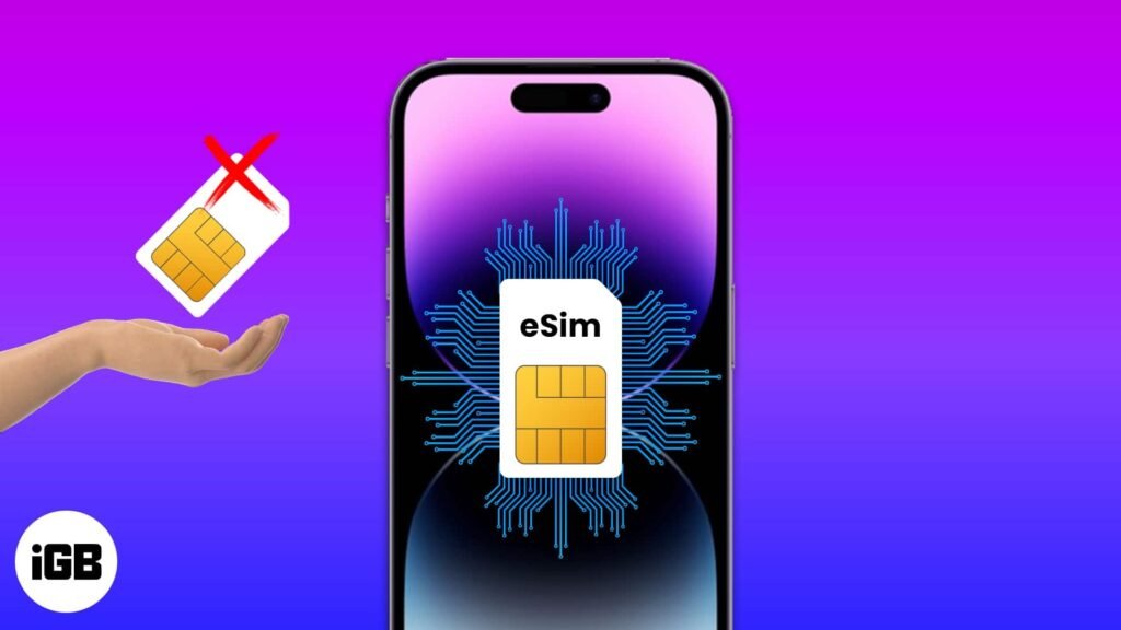 iPhone silhouette with eSIM icon graphics, illustrating a phone without a physical SIM slot.
