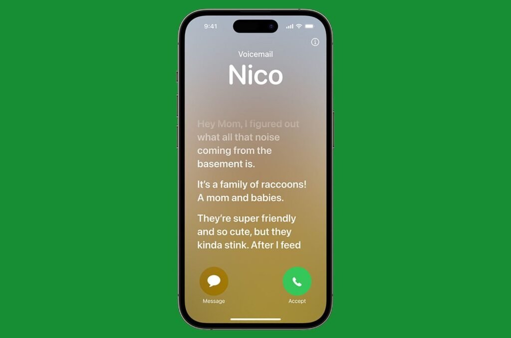 iPhone screen displaying live voicemail transcription feature with overlay of text bubbles highlighting hidden iOS 17 features.